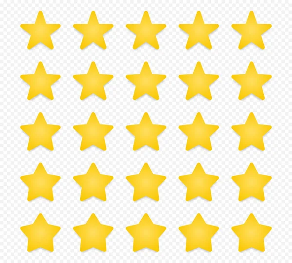 Kalite derecelendirme sembolleri. Şeffaf arkaplanda gölgesi olan beş köşeli sarı yıldızlardan oluşan bir set. Ürün kalitesi değerlendirme simgeleri. Vektör illüstrasyonu.