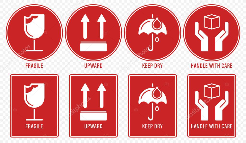 Fragile package icons set, handle with care logistics and delivery shipping labels. Fragile box, keep dry umbrella, cargo warning vector signs