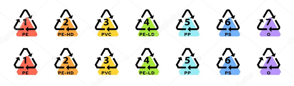Set of badges for marking plastic. Industrial marking of plastic products. Code system signs for plastic recycling. Vector elements.
