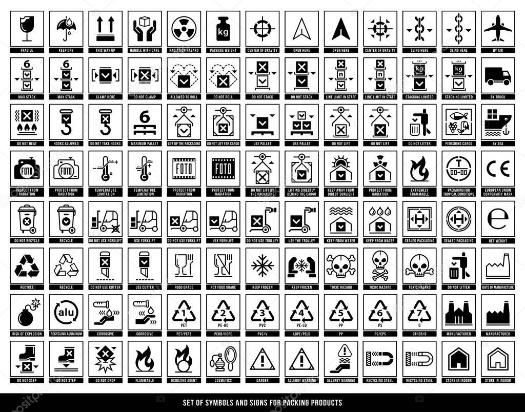  A set of manipulation symbols for packaging cargo products and goods. Marking the box or packaging of products. Vector elements.