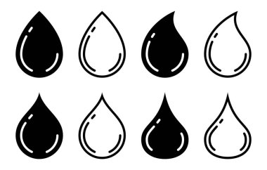 Düz doğrusal tasarım. Su damlaları. Düşen bir damlanın siluet ve kontur simgeleri. Beyaz arkaplanda izole edilmiş vektör ögeleri.