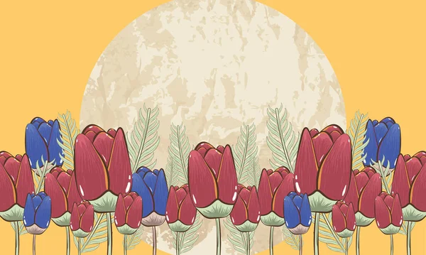 Skiss av grupp av ros och blå blommor med blad — Stock vektor