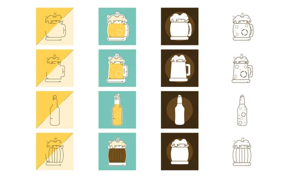 Набор различных кружки пива очки и бутылки значок — стоковый вектор