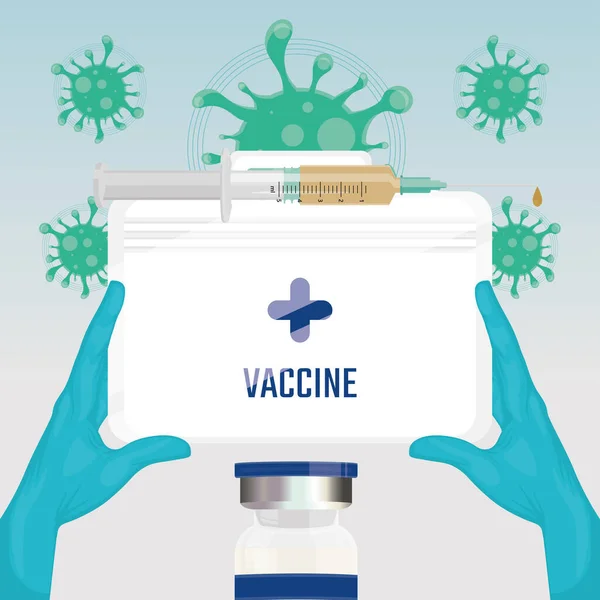 Manos sosteniendo un cartel de vacunación con una bolsa de vacuna — Vector de stock