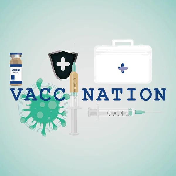 Cartel de vacunación con kit, jeringa y escudo — Vector de stock