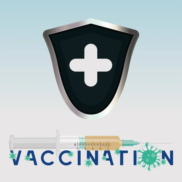 Cartel de vacunación con un escudo protector y una jeringa — Vector de stock