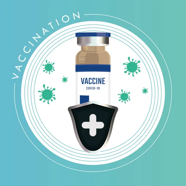 Badge voor vaccinatie met een beschermend schild en een kolf — Stockvector