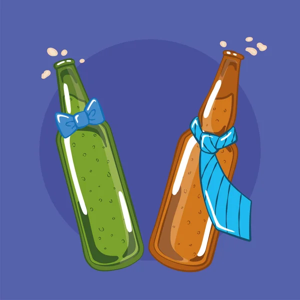 Paire de bouteilles de bière avec cravate et noeud papillon — Image vectorielle
