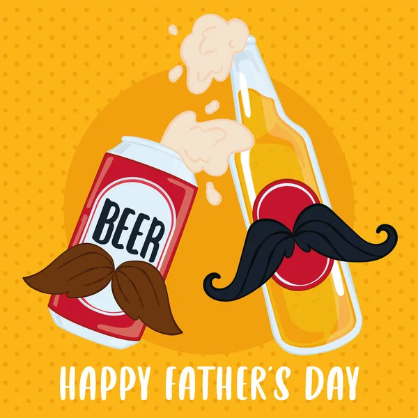 Father day poster with a beer can and a beer bottle with mustaches — Stock Vector