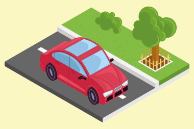 Bir caddede izole edilmiş üç boyutlu araba.