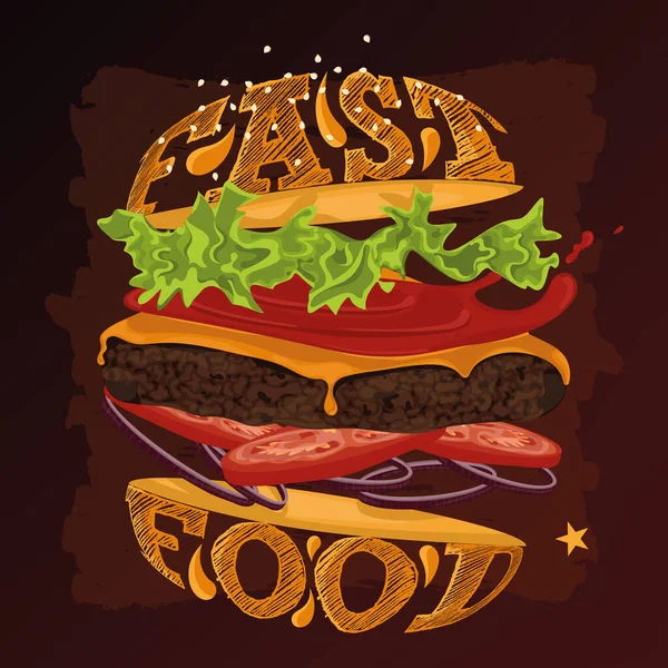 Hambúrguer de queijo pulando com todos os seus ingredientes Cartaz de menu Fast food —  Vetores de Stock