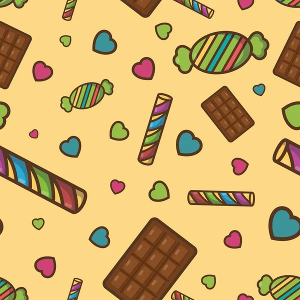 Χρωματιστά ρετρό μοτίβο φόντου με καραμέλες και σοκολάτες — Διανυσματικό Αρχείο