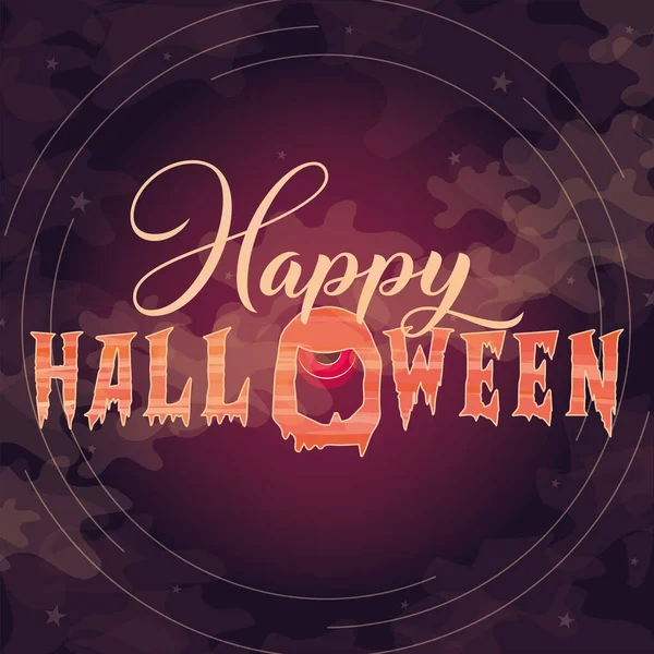 Brillante texto de halloween feliz con un ojo de monstruo — Vector de stock