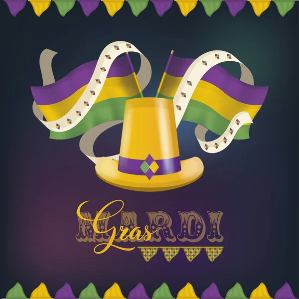 Paar Fahnen und ein goldener Hut farbiges Mardi Gras Poster — Stockvektor