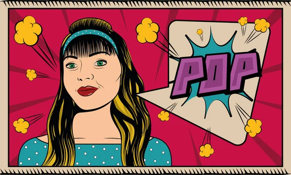 Pop art mujer retro con un chat de burbujas Página de cómic — Vector de stock