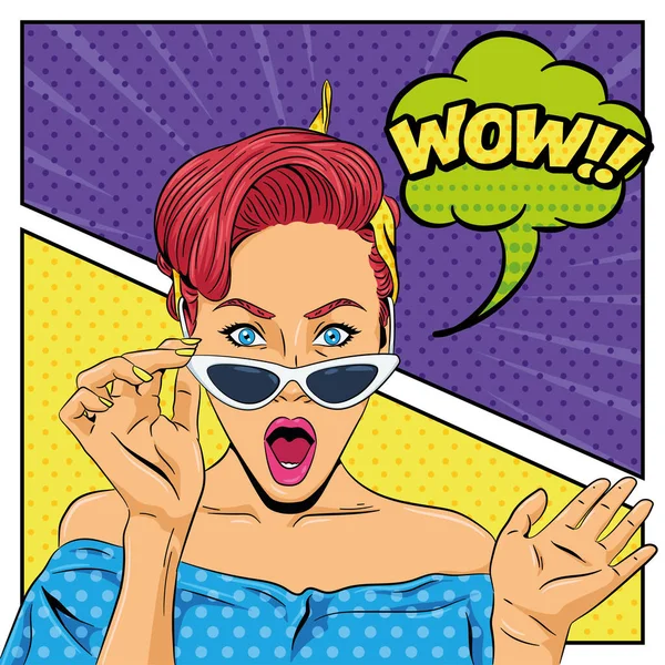 Pop art retro kobieta w okularach przeciwsłonecznych na stronie komiksu — Wektor stockowy