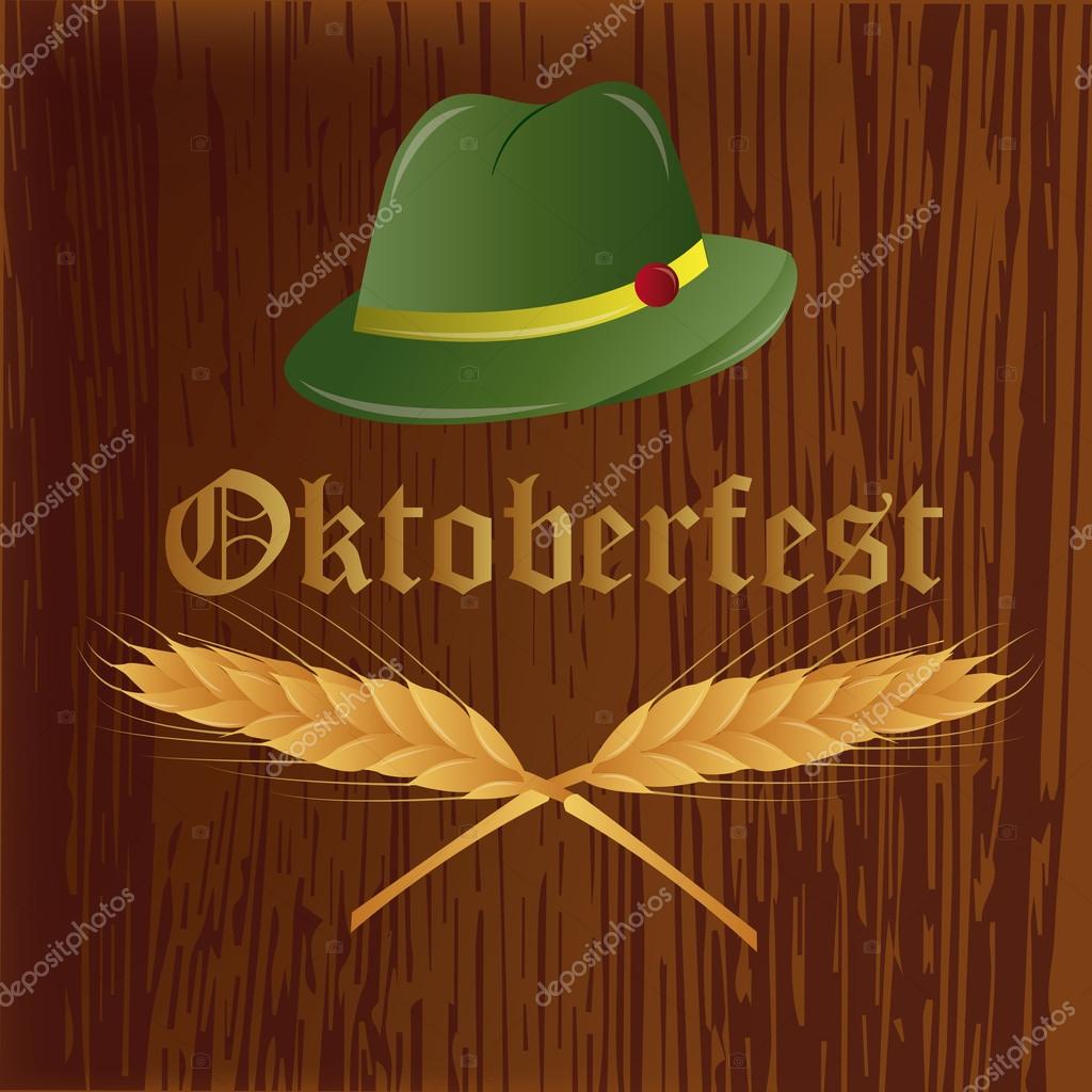 A wooden background with a traditional hat, text and a pair of wheats