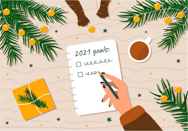 List Goals New Year Woman Handwriting Plans Future Surrounded Christmas — Stock Vector