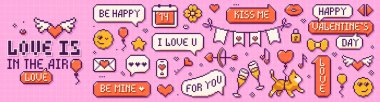 Pikselli sanat Sevgililer Günün kutlu olsun. Balonlu sevimli kedi, aşk cümleli konuşma balonları, ok ve yay, pembe arkaplanlı emoji..