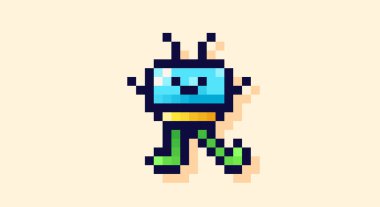 Resim 8- bit yeşil ve mavi komik uzay istilacısı.