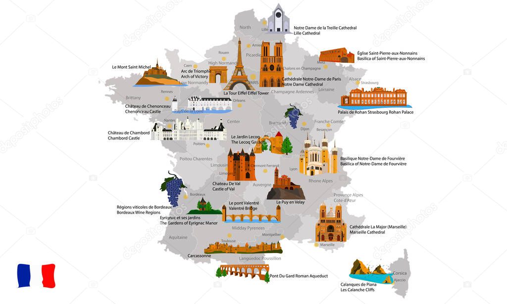 France historical and touristic places. 29 different layers. Vector images. french and english