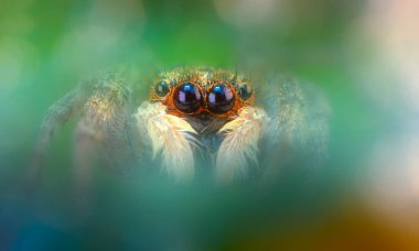Bir örümceğin güzel yakın plan fotoğrafı. Doğal renk arkaplanı.