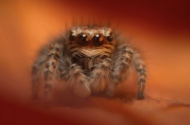Bir örümceğin estetik açıdan hoş ve göze çarpan bir fotoğrafı ve sıcak renklerin hakim olduğu bir arka plan. Örümcek türü zıplayan bir örümcektir. Doğal arkaplan. 