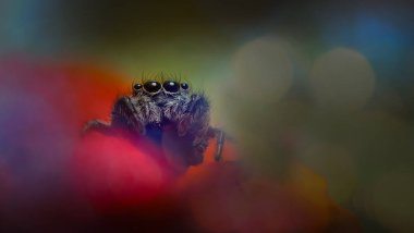 Bir örümceğin estetik açıdan hoş ve etkileyici yakın plan fotoğrafı. Örümcek türü, zıplayan örümcek. Doğal arkaplan.