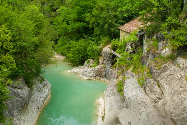Kotli, Istria, Hırvatistan, şelalenin altındaki yeşil havuz ormanla çevrili. Eski değirmen Su, dere, nehir, orman