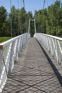 Ahşap ayaklı ve bulutlu mavi gökyüzü ile beyaz asılmış bir köprü manzarası