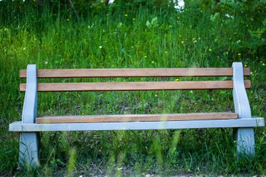 Yeşil tarlanın ortasında boş kahverengi bir bank.