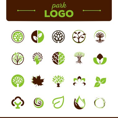 Logosunu görmeniz gerekir. Ayarlayın. Simgeler. Koleksiyon. Vektör. Yapraklar. Parklar.