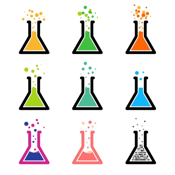 Logo de química. Tubos de ensayo con reactivo de color. Reacción química. Experimento de laboratorio . — Archivo Imágenes Vectoriales