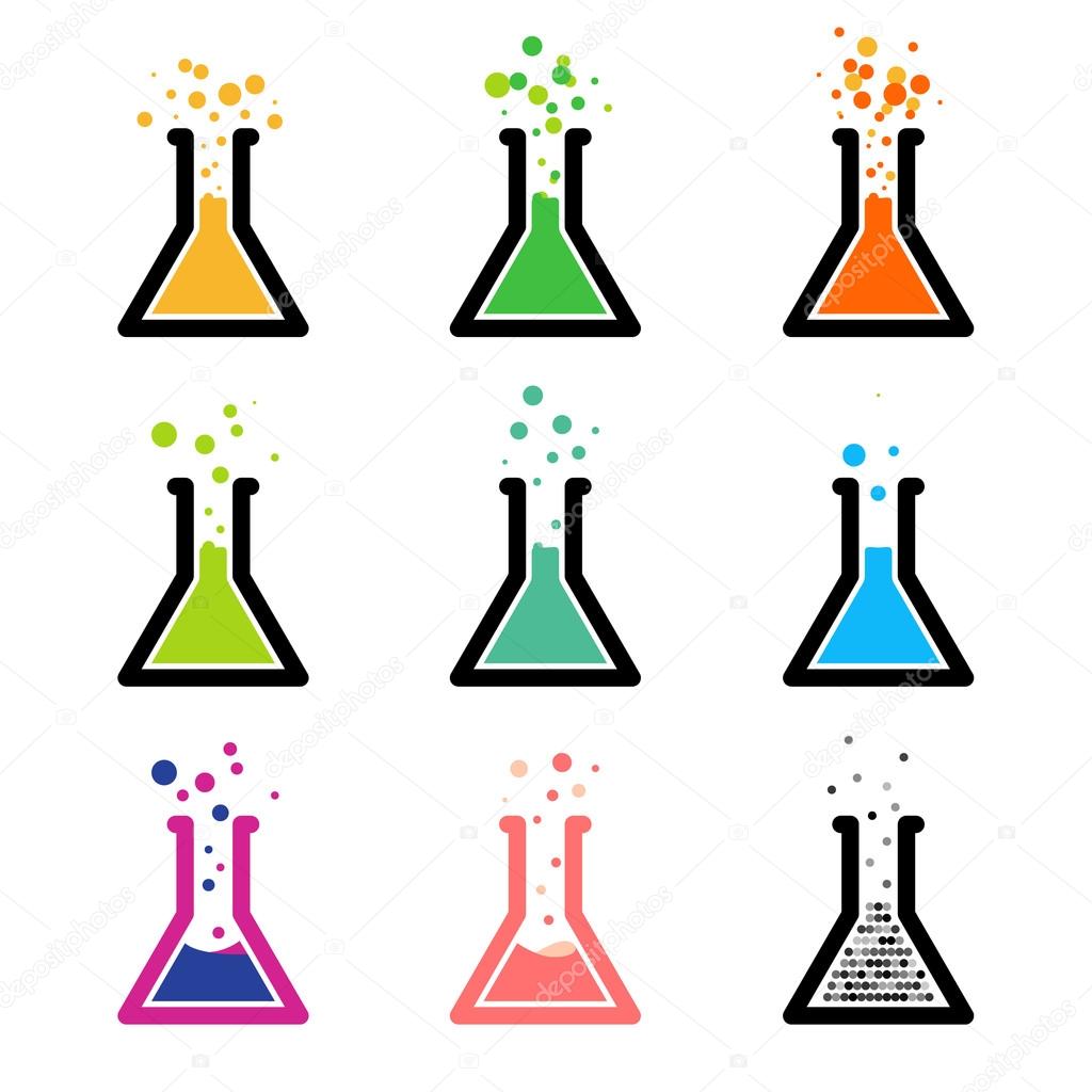 Chem logo. Test tubes with colored reagent. Chemical reaction. Laboratory experiment.