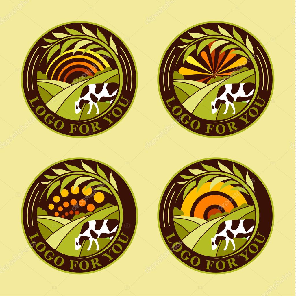 Set of round agricultural vector logos. Farm icons. Dairy products symbols. Fresh meat signs. Green meadow illistration. Nature image. Organic products. Eco label. Rural landscape