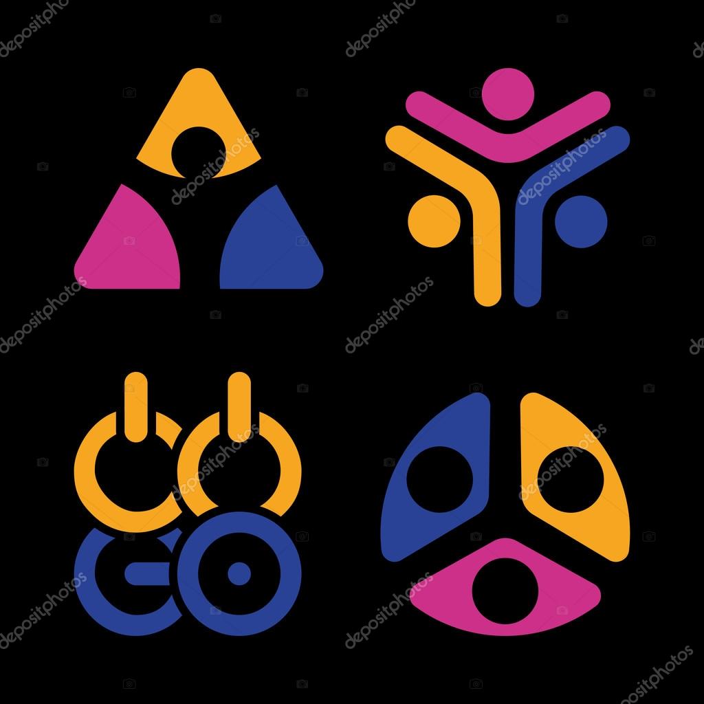 Abstract vector isolated colorful logo on black background. Sports Union logo. An association. Group. Vector logo set. Sports logos. Union logos. People logos