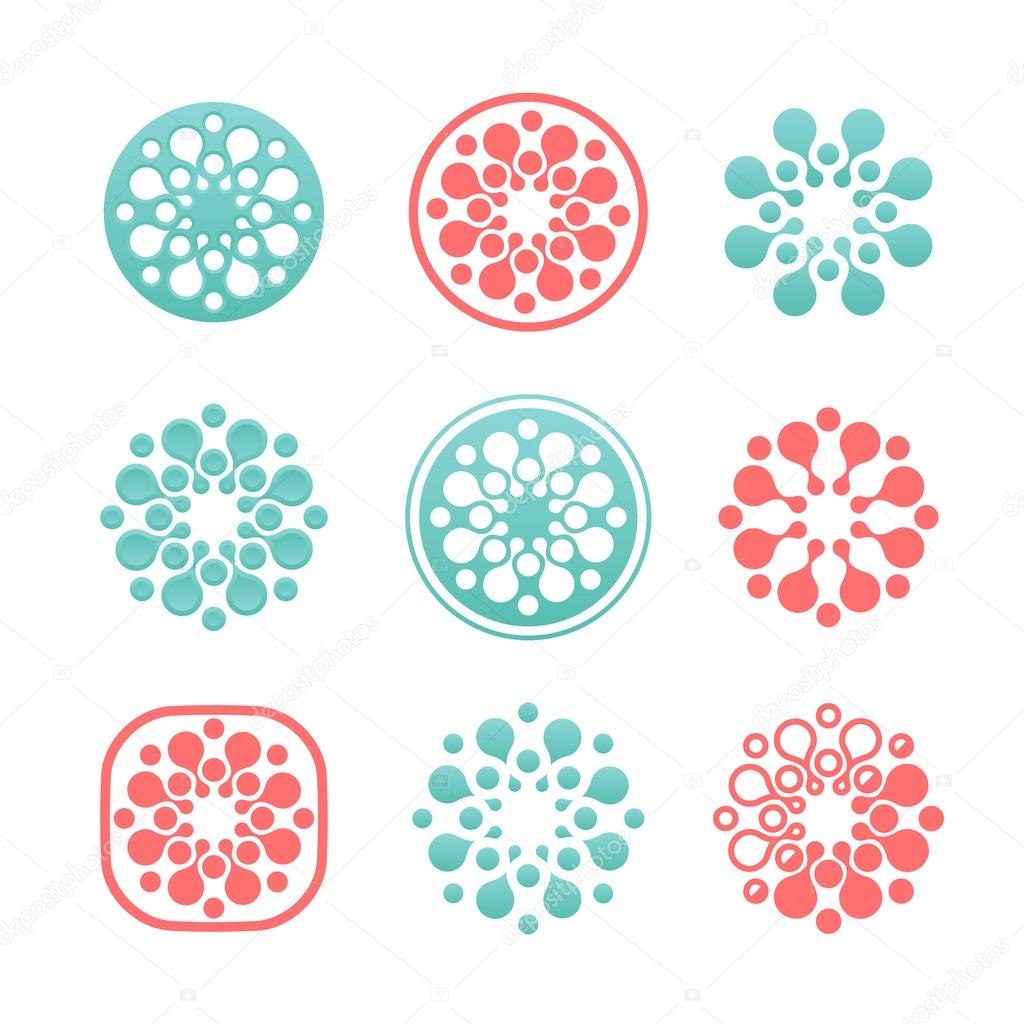 Set of round vector logos. Snowflakes logotypes. Turquoise and r