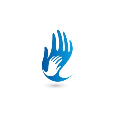 Isolated blue and white vector hands logo. Mothercare sign. Orphanage emblem. Caring parents. Childish hand. Adopted child. Bringing up. Support symbol. Helpful people.