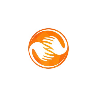 İzole sarı yuvarlak logo. Sarı daire içinde beyaz eller. Genel bağlantı işareti. Küreselleşme simgesi. Yardımsever insanlar. Hayır severlik sembolü. Mülteci kampı amblemi. Tüm dünyada iletişim. Merhamet.