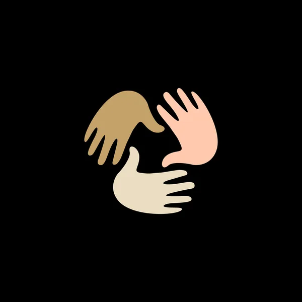 Ізольований векторний логотип рук. Емблема дитячого будинку. Сімейний знак. Імідж догляду за дітьми. Прийняття ілюстрації. Виховання дітей співає. Ікона дитячого садка. Благодійність для сиріт. Допоможіть дитячій кампанії. Расові проблеми . — стоковий вектор