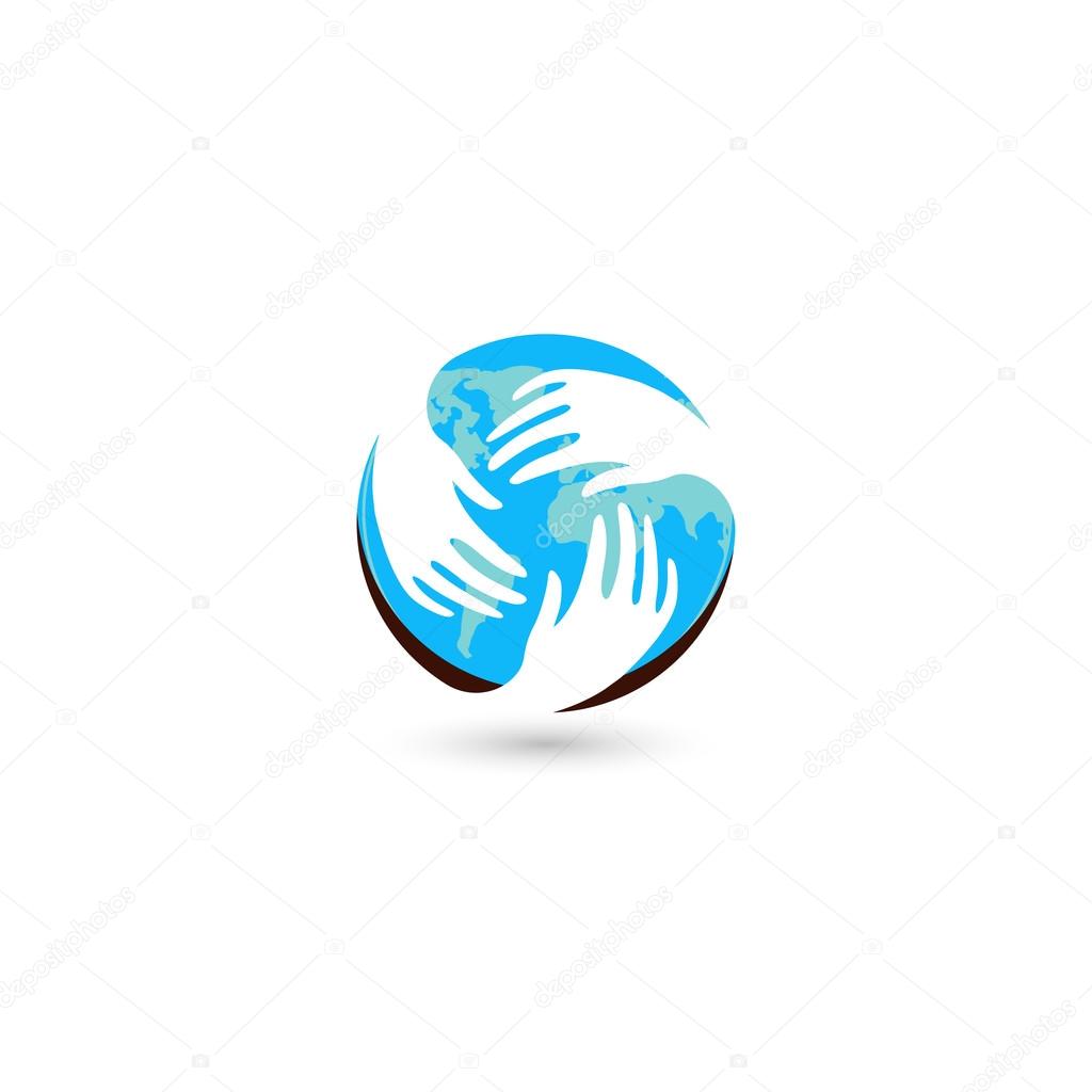 Isolated blue round vector logo. Global communication. Helpful people. White hands. Mercy sign. Refugee camp emblem. Round the world. Blue Earth. Round shape. Support illustration.  Family image.