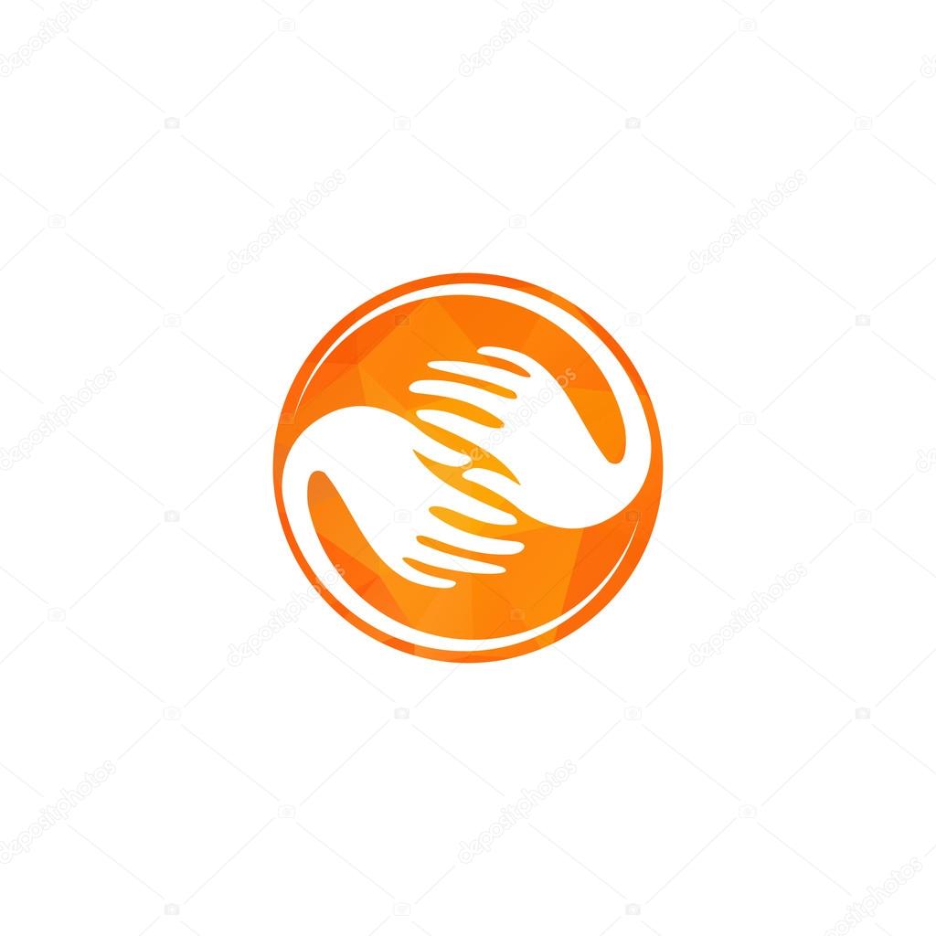 Isolated yellow round logo. White hands in a yellow circle. Global connection sign. Globalization icon. Helpful people. Charity symbol. Refugee camp emblem. Communication all over the world. Mercy.