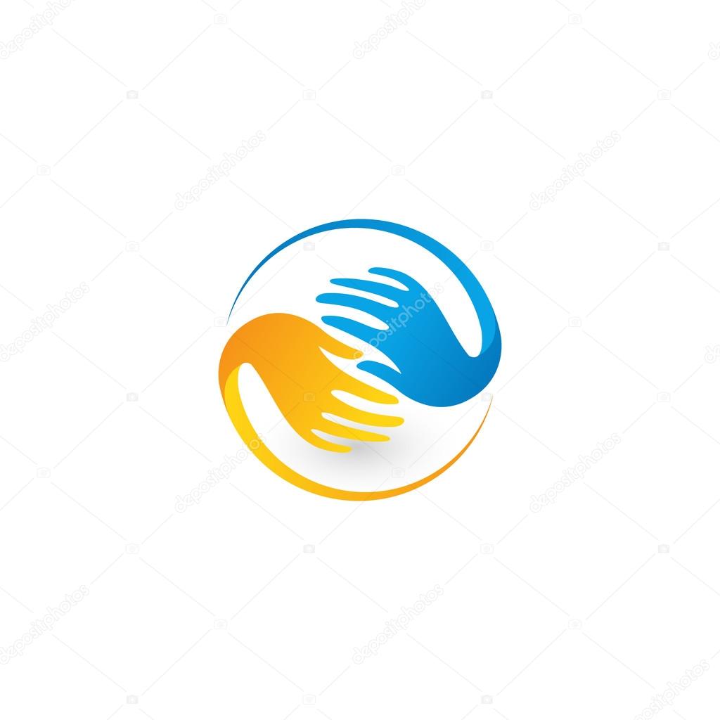 Isolated colorful vector hands logo. Global friendship sign. Ukrainian national symbol. Volunteering icon. Charity ilustration. Help and support sign. Friendly humanity. Kind people. Brotherhood icon