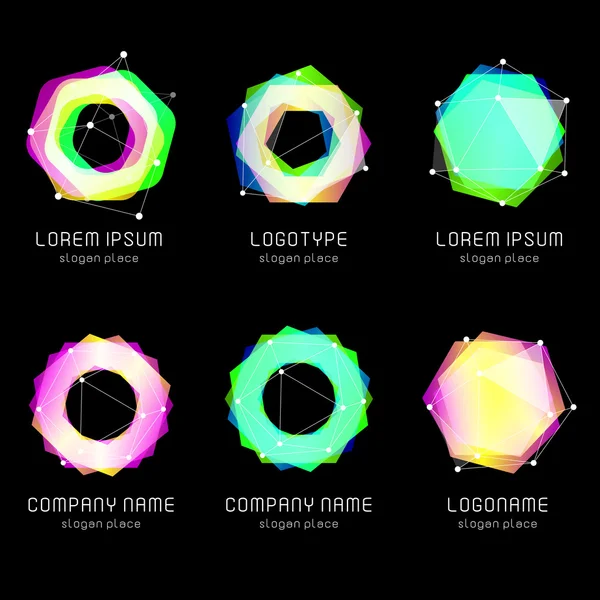 Formas geométricas abstratas incomuns conjunto logotipo do vetor. Coleção de logotipos coloridos circulares e poligonais no fundo preto. Ilustração vetorial . —  Vetores de Stock