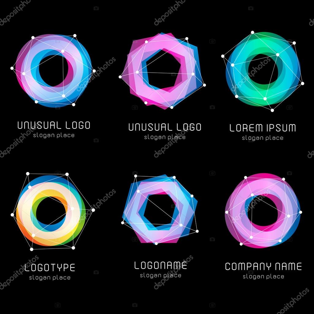 Unusual abstract geometric shapes vector logo set. Circular, polygonal colorful logotypes collection on the black background. Vector illustration