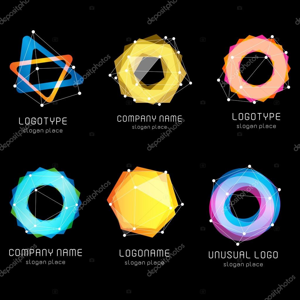 Unusual abstract geometric shapes vector logo set. Circular, polygonal colorful logotypes collection on the black background. Vector illustration