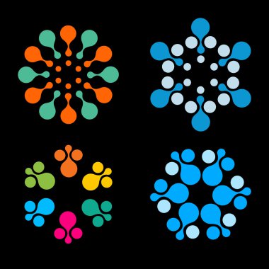 Vektör izole güneş logo tasarım şablonu. Soyut nokta sembolü. Simge yuvarlak şekli. Renkli Logolar seti.