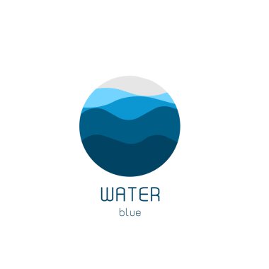 İzole edilmiş yuvarlak logo. Mavi renk logoti. Akan su görüntüsü. Deniz, okyanus, nehir yüzeyi.