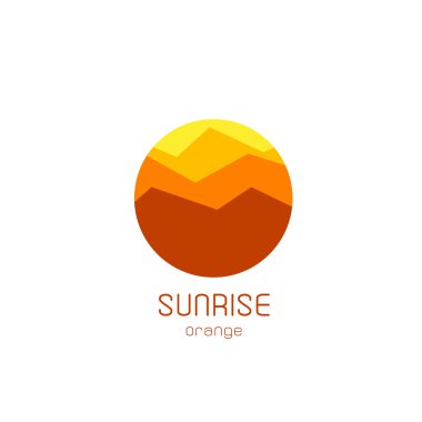 İzole yuvarlak gündoğumu vektör logosu. Dağlar silueti. Minimalist akşam gökyüzü.