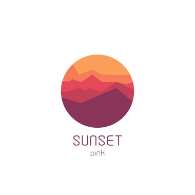 Gün batımı vektör logosu izole edilmiş. Dağlar siluet. Minimalist akşam gökyüzü.